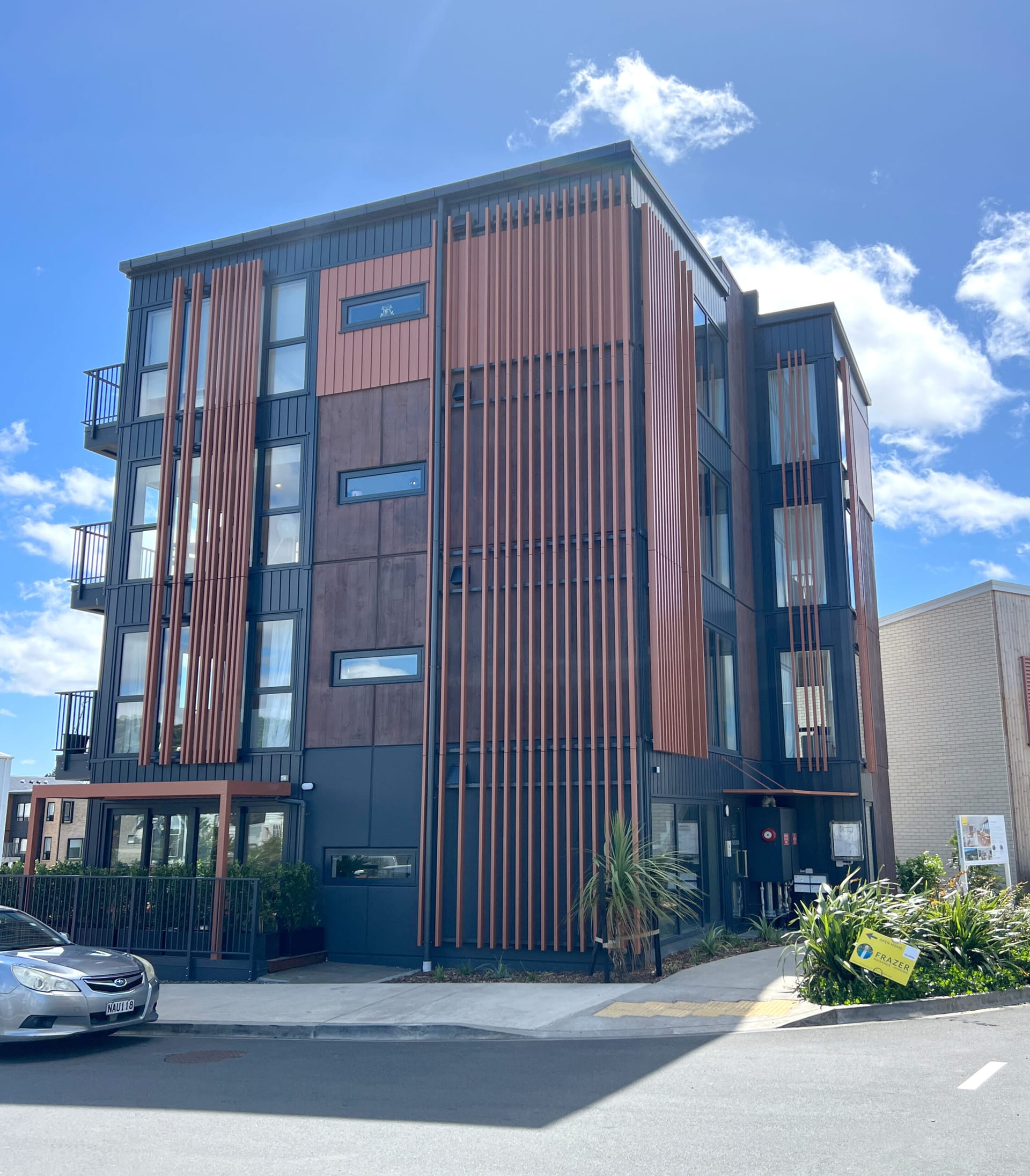 Native Kauri timber-look precast finish at The Barracks, Hobsonville