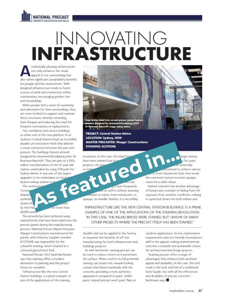 Ecotone's staining revolution at Sydney Metro Central Station as featured in Roads and Infrastructure Magazine - Ecotone